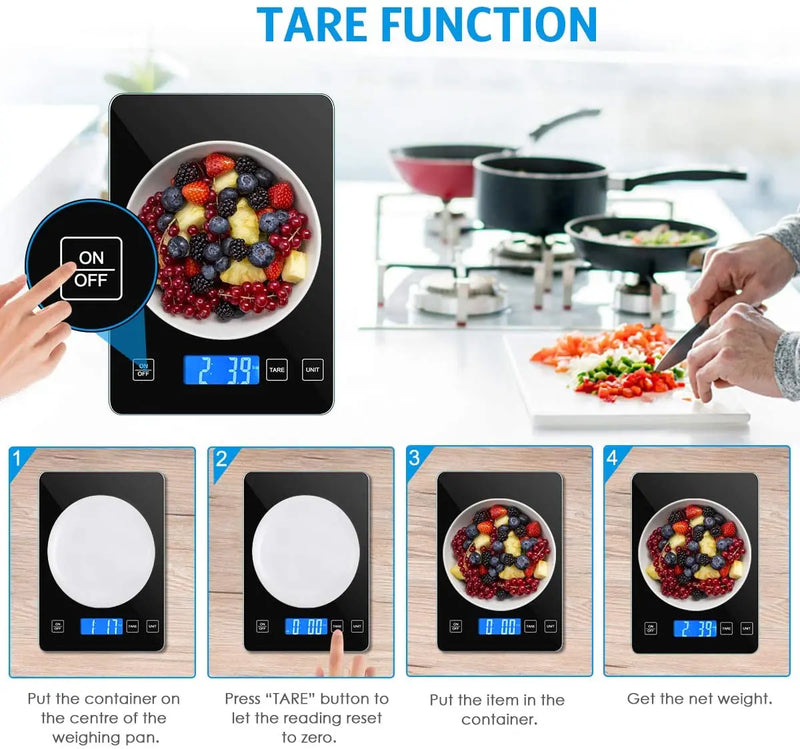 Balança digital de cozinha, 1g-10kg, balança de alimentos, plataforma de vidro temperado à prova d'água, balança multifuncional de alta precisão