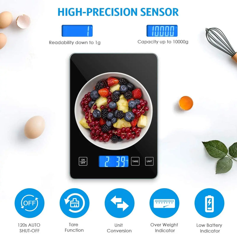 Balança digital de cozinha, 1g-10kg, balança de alimentos, plataforma de vidro temperado à prova d'água, balança multifuncional de alta precisão