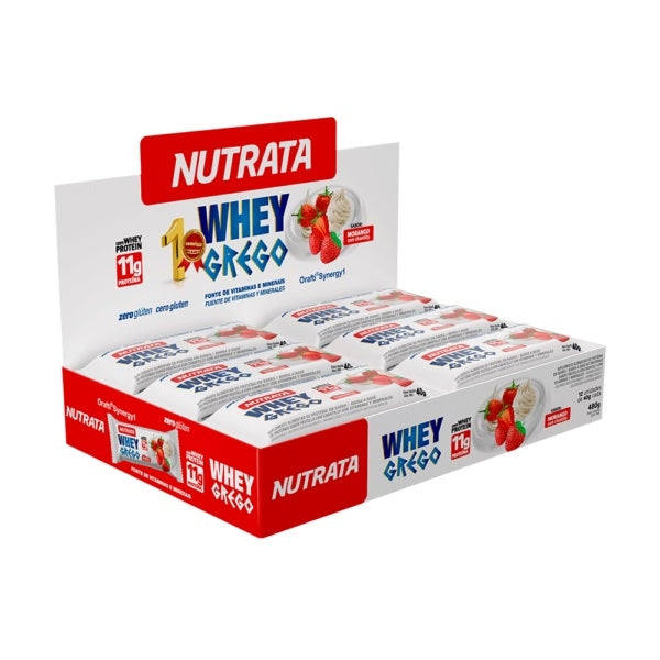 Whey Grego Bar Caixa com 12 Unidades (480g) - Sabor: Morango com Chantilly